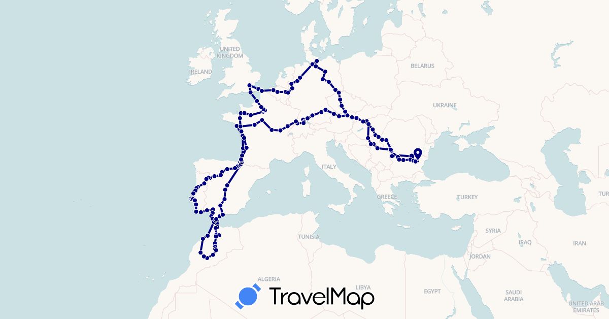 TravelMap itinerary: driving in Austria, Belgium, Bulgaria, Switzerland, Czech Republic, Germany, Spain, France, United Kingdom, Hungary, Morocco, Netherlands, Portugal, Romania, Serbia, Slovakia (Africa, Europe)